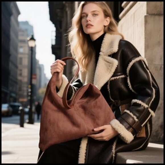 Faux Suede Hobo Shoulder Bag Slouchy Tote Zipper Closure Boho Chic - Picture 3 of 7